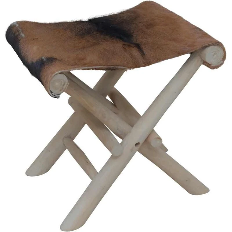Image of VIDAXL Folding Stool Real Leather and Solid Teak Wood Vidaxl 8719883911106