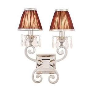 Image of 2 Light Indoor Twin Candle Wall Light Polished Nickel Plate with Chocolate Shades, E14