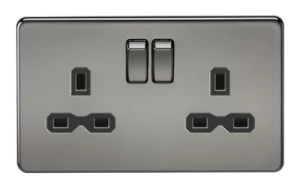 Image of KnightsBridge 13A 2G DP Screwless Black Nickel 230V UK 3 Pin Switched Electric Wall Socket - Black Insert