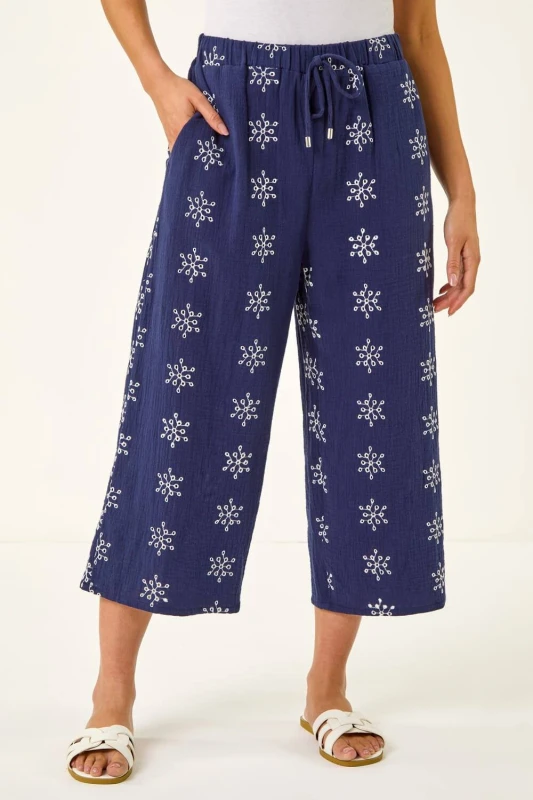 Image of Roman Womens Petite Embroidered Cropped Trouser in Navy Size: 12 Navy Female 12