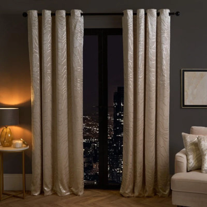 Image of OHS OHS Velvet Eyelet Curtains Metallic Foil Wave Pair of Ring Top Thermal Ready Made in Natural Size: 229cm width x 229cm drop Natural 229cm width