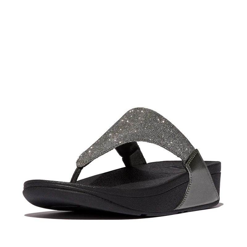 Image of FitFlop Lulu Shimmerlux Toe Post Synthetic Womens Wedge Sole Sandals - Pewter - Size:UK 6