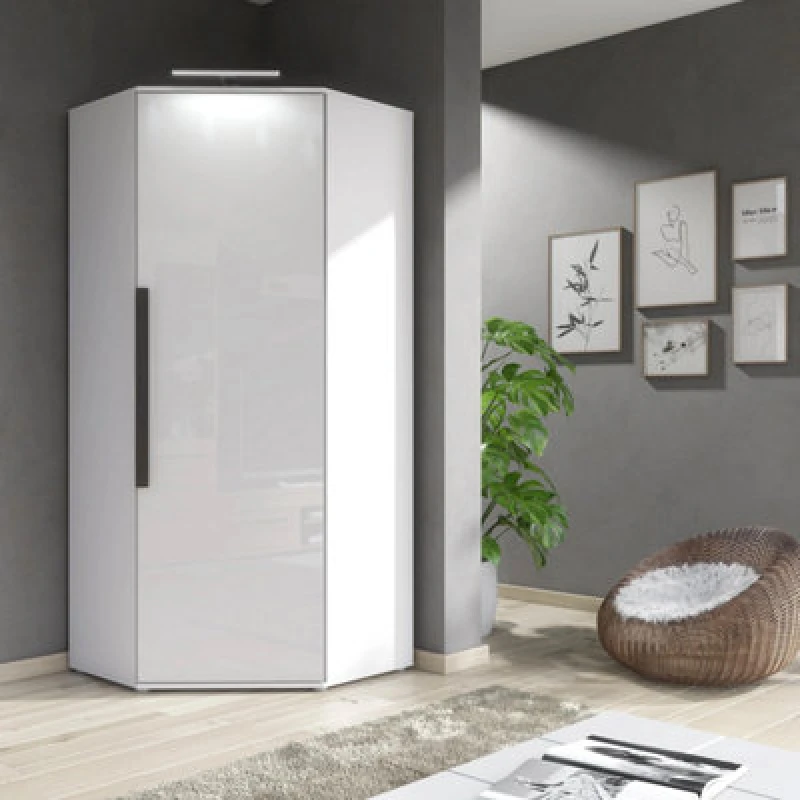 Image of Furneo Modern White High Gloss & Matt Corner Wardrobe Bedroom Closet Sotrage With LED Light Clifton 14
