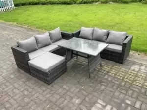 Image of Fimous 6 Seater Outdoor Dark Grey Rattan Lounge Complete Sofa Set with Oblong Dining Table and Big Footstool