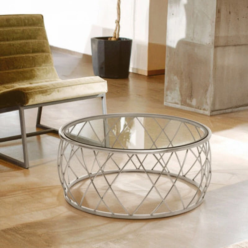 Image of Orsina Luxurious Silver Coffee Table With Clear Glass, Decorative Round Table For Hallways, Stylish Coffee Table