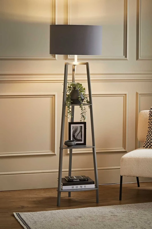 Image of ValueLights Hiru Grey 3 Tier Wooden Shelf Floor Lamp XL Grey And Chrome Shade Black