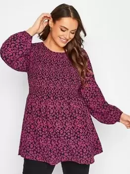 Image of Yours Long Sleeve Shirred Top Pink Floral, Pink, Size 22, Women