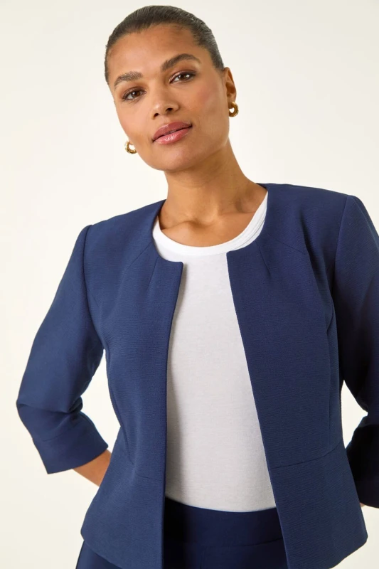 Image of Roman Cropped Bolero Tailored Jaquard Jacket Wedding Shrug Fitted Blazer Navy