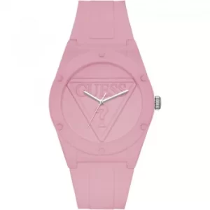 Image of GUESS Retro Pop pink silicone watch with pink logo dial.