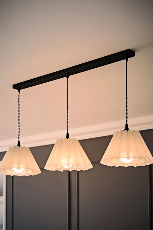 Image of ValueLights Lauren White Pleated 3 Drop Bar Matte Black Diner Ceiling Pendant Light with Bulbs White Unisex