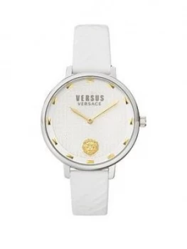 Image of Versus Versace Silver And Gold Detail Dial White Leather Strap Ladies Watch