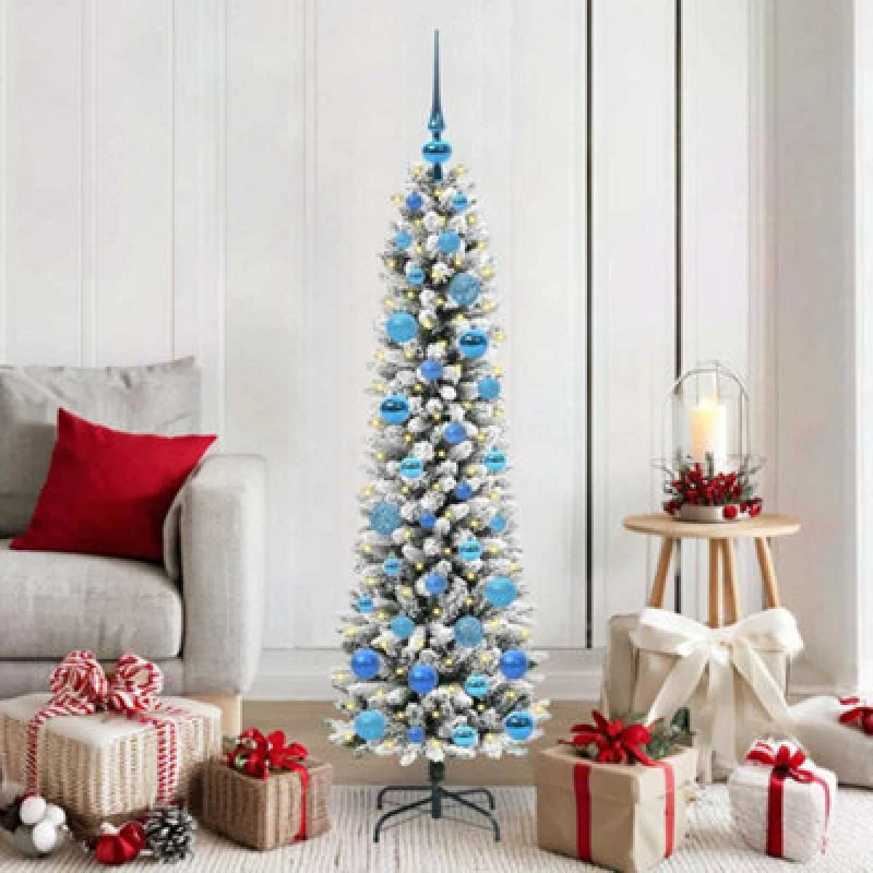 Image of vidaXL Artificial Christmas Tree with 150 LEDs, Blue Balls Green and white 150 cm, Green 3396100