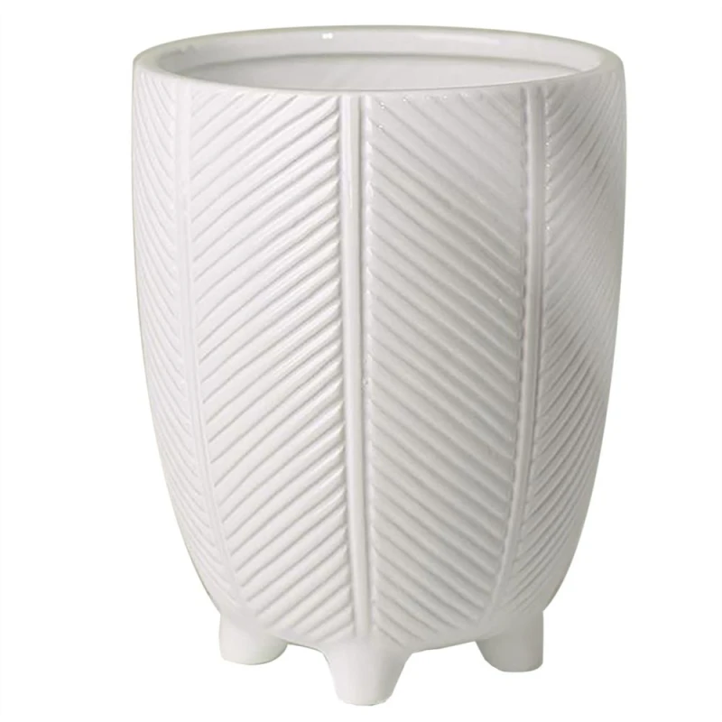 Image of Leaf Tall Ceramic Planter Plant Pot With Feet White Stripe 15 x 15 x 19cm White unisex
