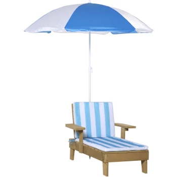 Image of Wooden Kids Lounge Chaise with Foldable Adjustable Parasol Cushion Outdoor Patio Garden Furniture Blue 90 x 59 x 53cm - Outsunny