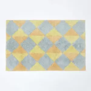 Image of Harlequin Pattern Yellow and Grey Cotton Bath Mat - Yellow - Yellow - Yellow - Homescapes