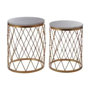 Image of Set of 2 Nest Tables with White Marble Tops and Gold Finish Metal