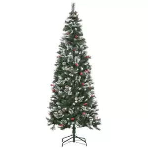 Image of HOMCOM 7 Foot Snow Dipped Artificial Christmas Tree Slim Pencil Xmas Tree with 738 Realistic Branches, Pine Cones, Red Berries, Auto Open, Green