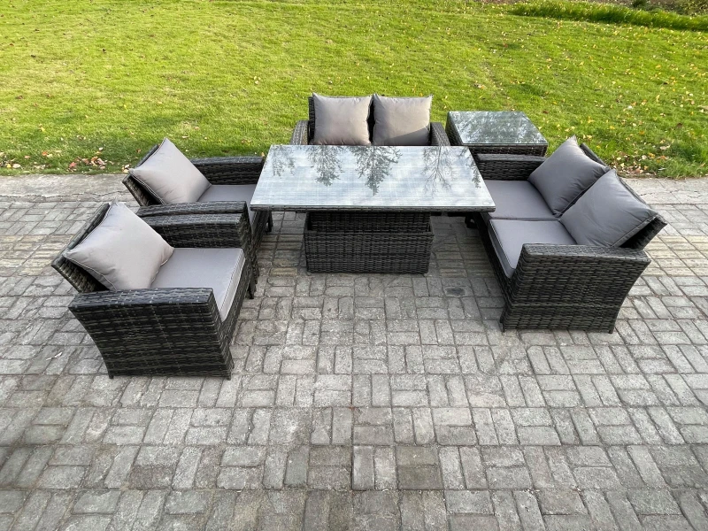 Image of Fimous Rattan Garden Furniture Sets 6 Seater Patio Outdoor Rising Lifting Table Sofa Set with Double Seat Sofa Side Table in Dark Grey Dark Grey Unise