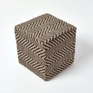 Image of Homescapes - Black and Off-White Herringbone Jute Cube Pouffe 36 x 36 x 38cm - Black & Natural