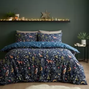 Image of Catherine Lansfield Enchanted Twilight Animals Reversible Blue Duvet Cover & Pillowcase Set Blue