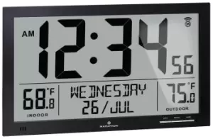 Image of Marathon Clock Slim Atomic Full Calendar Indoor Outdoor Temperature Black