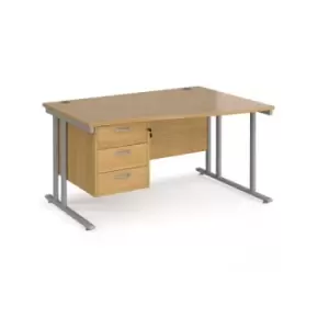 Image of Office Desk Right Hand Wave Desk 1400mm With Pedestal Oak Top With Silver Frame Maestro 25 MC14WRP3SO