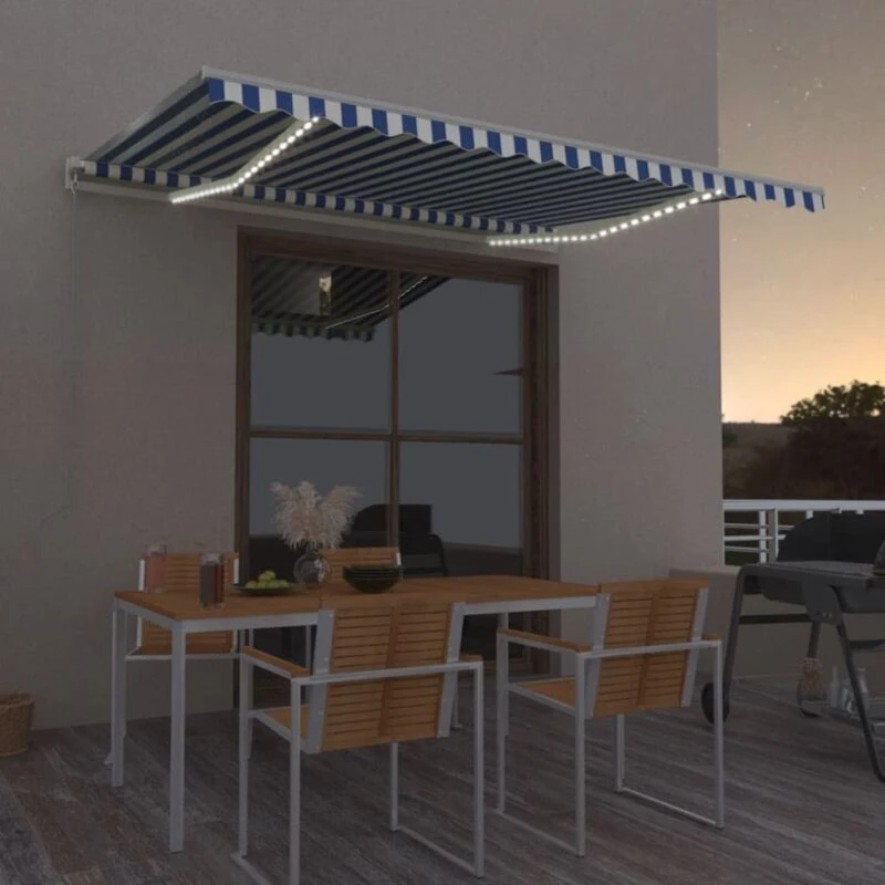 Image of VIDAXL Manual Retractable Awning with LED 400x300cm Blue and White Vidaxl 8720286392256