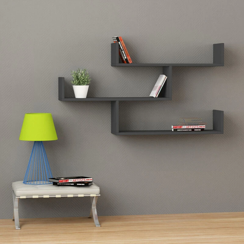 Image of DECORTIE Tibet Wall Mounted Modern Bookcase Display Unit w 119cm Wide - Anthracite Grey - Anthracite Grey - Decortie M.KT.01.11043.14