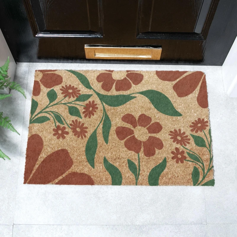 Image of Artsy Doormats Red & Green Floral Pattern Doormat (60 X 40Cm)