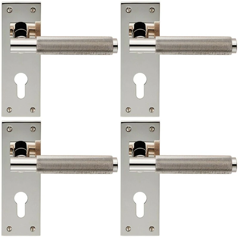 Image of Loops 4x PAIR Knurled Round Lever on Slim Euro Lock Backplate 150 x 50mm Nickel Metallics
