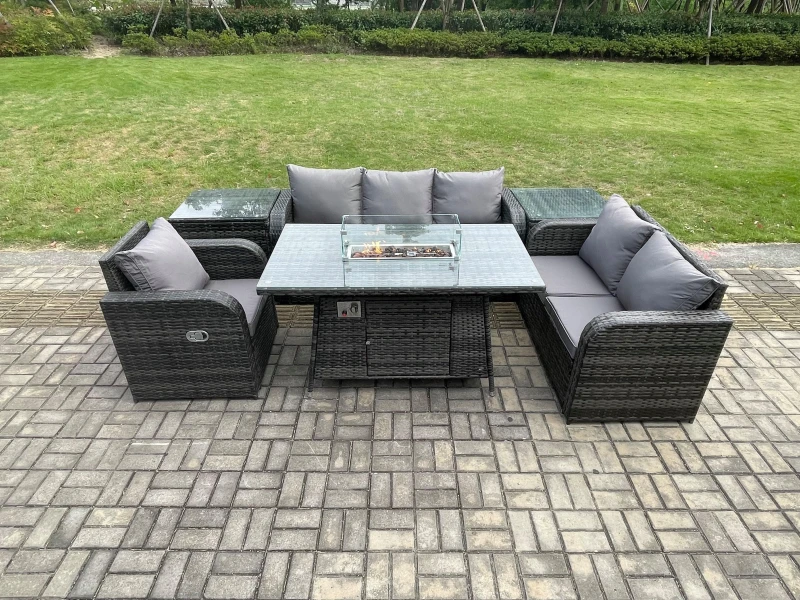 Image of Fimous Garden Patio Furniture Wicker Rattan Gas Fire Pit Table and Sofa Chair set with 2 Side Tables Dark Grey