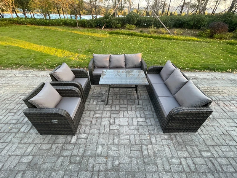 Image of Fimous 8 Seater Rattan Outdoor Garden Furniture Sofa Set Patio Table & Chairs Set with 3 Seater Sofa Rectangular Dining Table Dark Grey