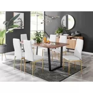 Image of Furniture Box Kylo Brown Wood Effect Dining Table and 6 White Milan Gold Leg Chairs
