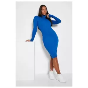 Image of I Saw It First Cotton Rib Roll Neck Long Sleeve Dress - Blue