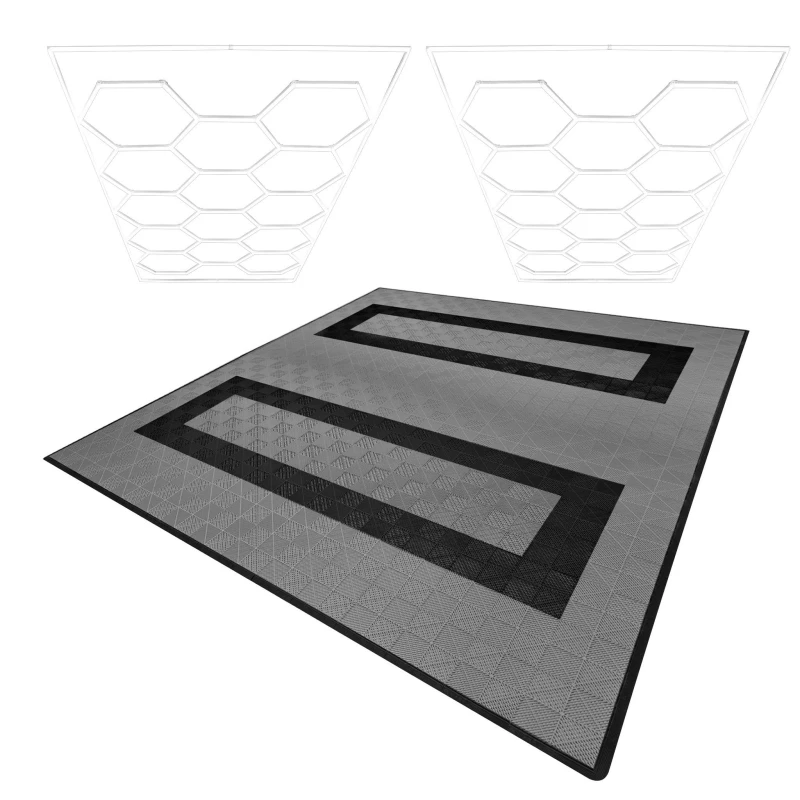 Image of Monstershop Hexagon LED Lights x 2 & Vented Garage Floor Tiles With Edges - 165 Grey & 60 Black Grey