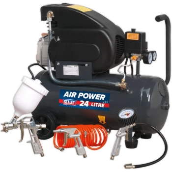 Image of Sealey - SAC2420EPK Compressor 24L Direct Drive 2hp with 4pc Air Accessory Kit