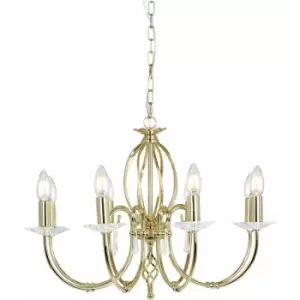 Image of 8 Bulb Chandelier Cut Glass Droplets Curved Stem Polished Brass LED E14 60W