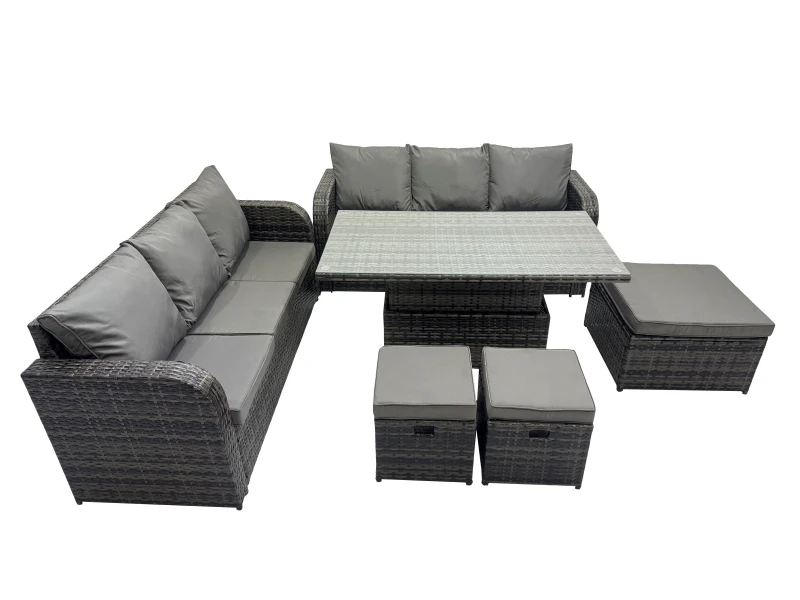 Image of Fimous Rattan Garden Furniture Dining Set 9-seater with 3 Footstools in Dark Grey Dark Grey Unisex