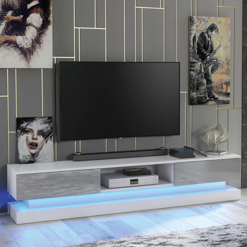 Image of Mex Furniture LTD TV Unit with LED Lighting & Gloss Doors / 180cm in Light Grey Light Grey Unisex