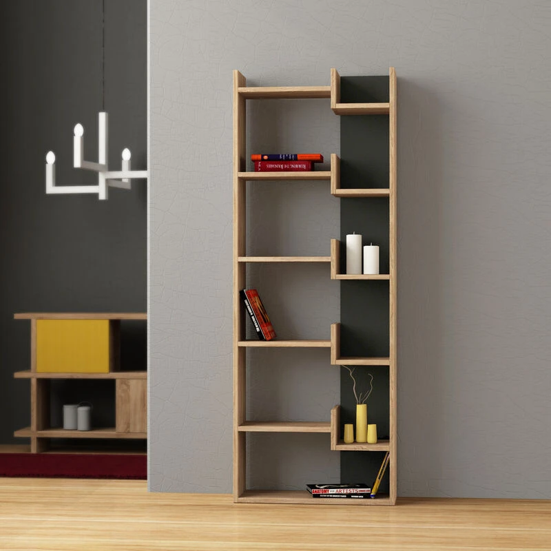 Image of DECORTIE Decortie - Oppa Modern Bookcase Display Unit Tall 162.4cm - Oak / Anthracite Grey - Anthracite Grey M.KT.02.11151.9