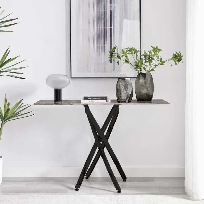 Image of FurnitureboxUK Leonardo Rectangular Marble Effect Glass Top Console Table With Black Metal Starburst Legs in Grey Grey Unisex