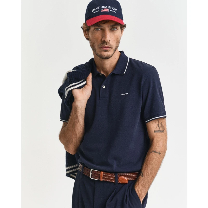 Image of Gant Tipped Pique Polo Shirt Evening Blue male M