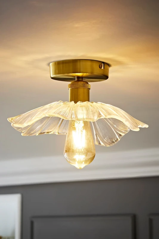 Image of ValueLights Cassia Clear Glass Flower Gold Flush Ceiling Light with LED Bulb Gold
