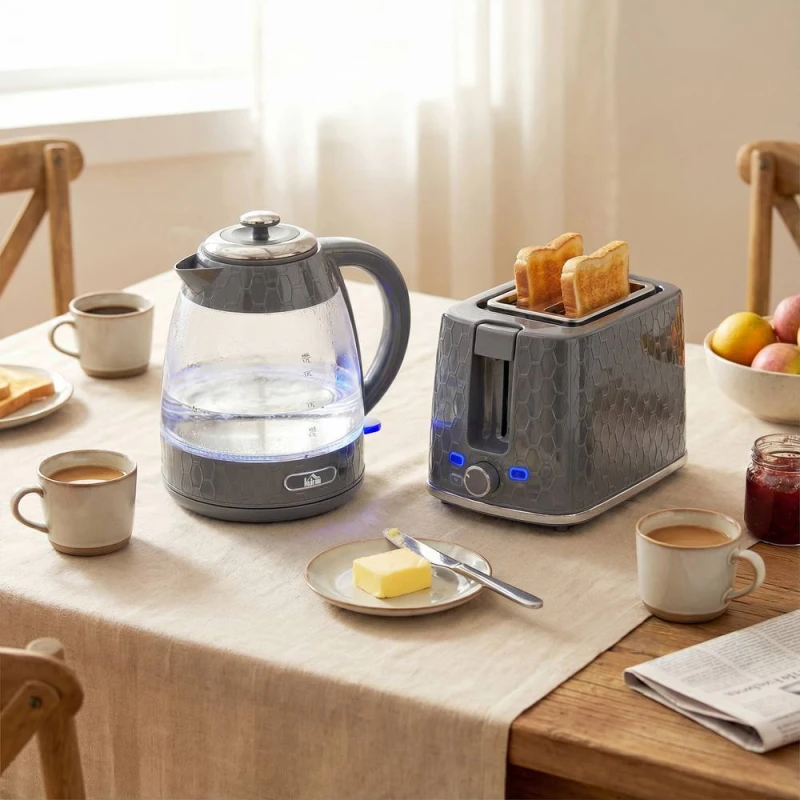 Image of HOMCOM Kettle & Toaster Set with Limescale Filter, Crumb Tray in Grey Grey Unisex