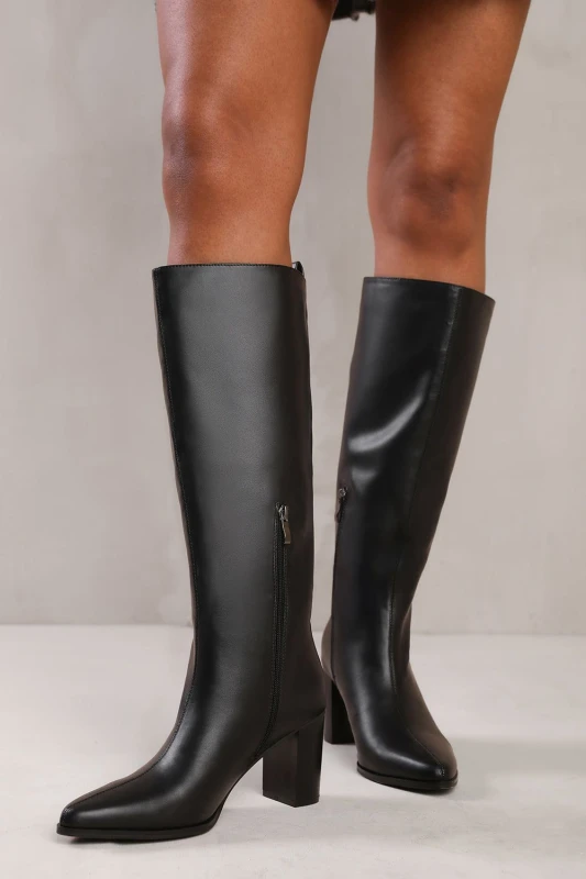 Image of Where's That From Womens 'Delta' Block Heel Knee High Boots With Side Zip in True Black Size: 8 True Black Female 8