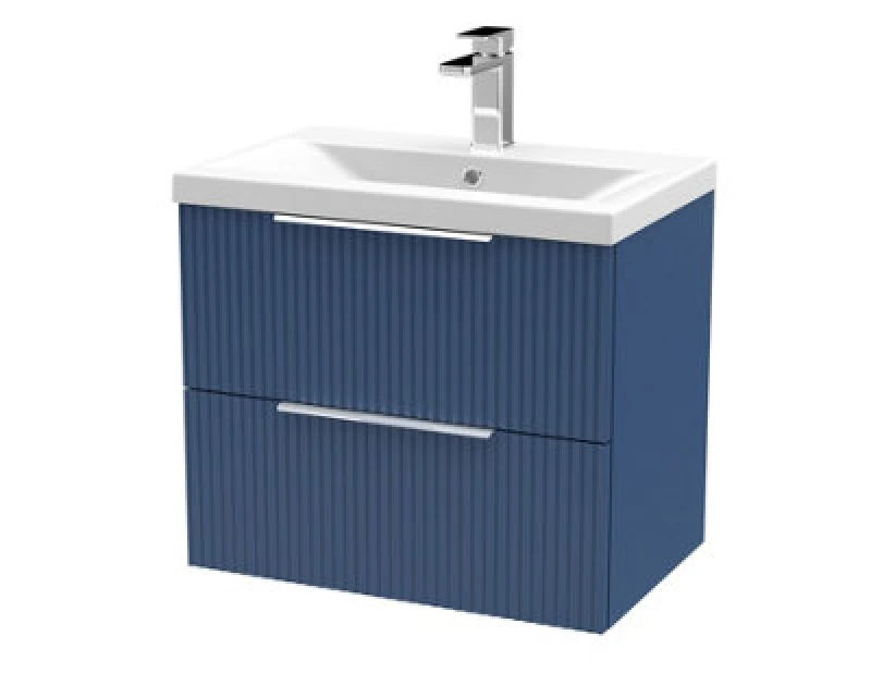 Image of Hudson Reed Fluted 600mm Wall Hung 2-Drawer Vanity Unit Including Basin-Satin Blue
