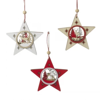 Image of Wooden Christmas Detailed Star Hanging Decorations (Set of 3)