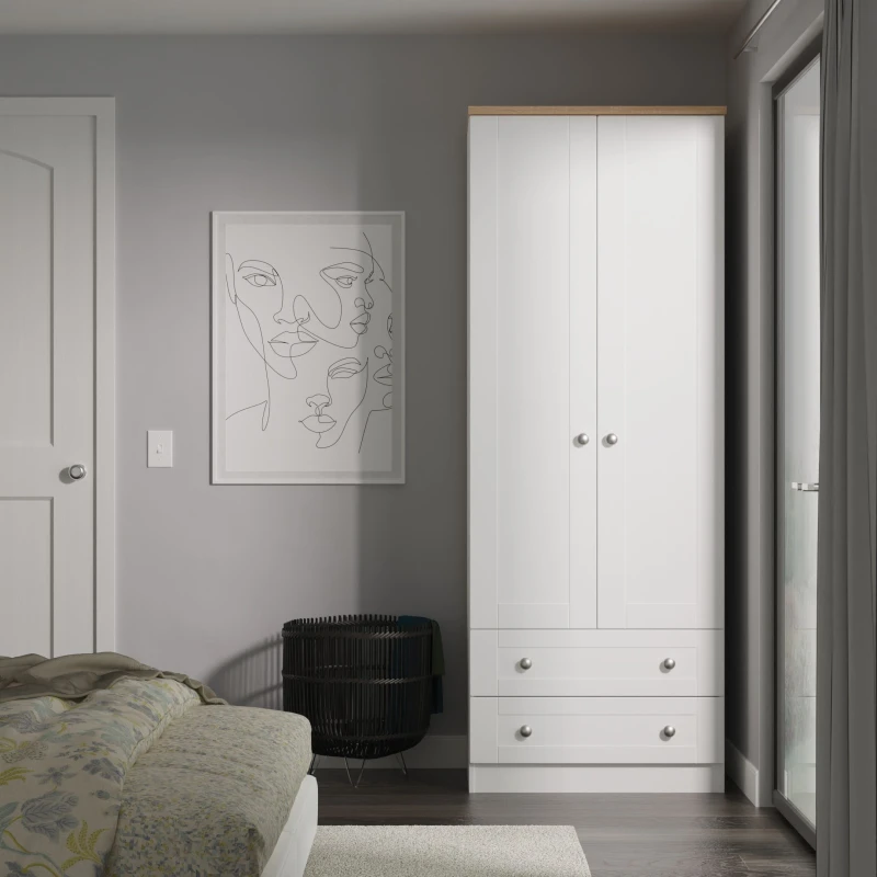 Image of Santander Ready Assembled Traditional Matt White & Oak 2 Drawer Tall Double Wardrobe (H)1970mm (W)770mm (D)530mm