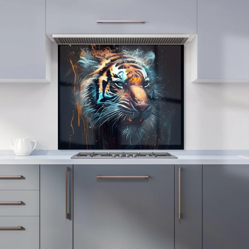 Image of Warren Reed - Designer Tiger Face Splashart Dark Background Kitchen Splashback in Brown Size: 700mm x 750mm Brown Unisex 700mm x 750mm