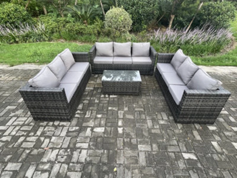 Image of Fimous Outdoor Lounge Sofa Set Wicker PE Rattan Garden Furniture Set with Oblong Coffee Table Dark Grey Mixed Dark Grey